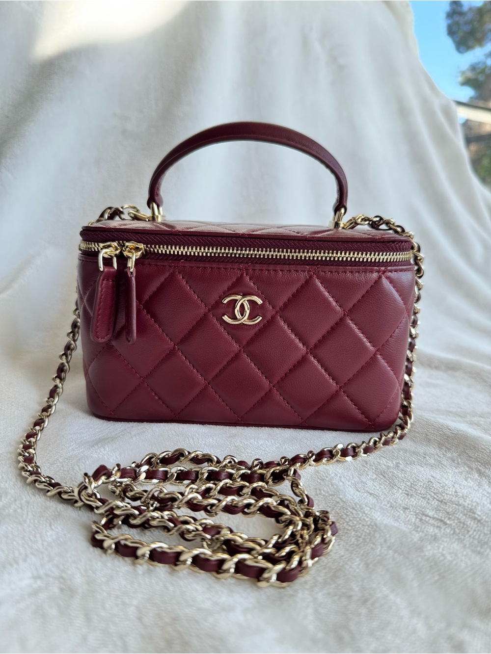 CHANEL Burgundy Quilted Vanity Crossbody with Gold Chain GWP